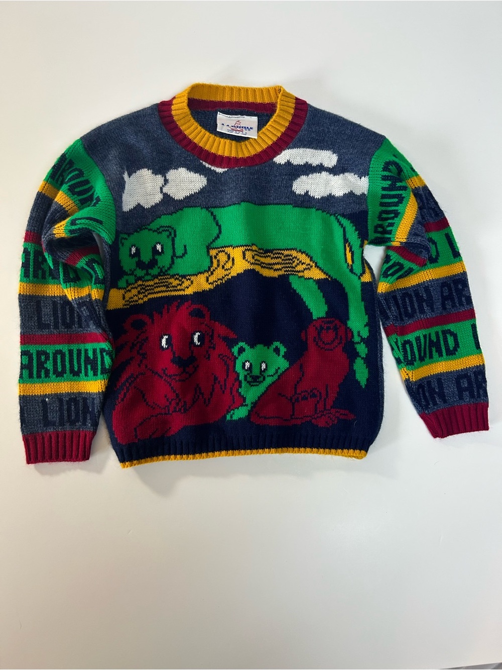 Vintage J.J. People Kids Sweater USA Made Colorful Animal Graphic Lion Bear